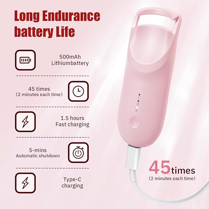 Upgrade Heated Eyelash Curler, Electric Eyelash Curler with 5s Fast Heating, Type-C Rechargeable, Portable Lash Curler, Long-Lasting Lash Lift, Natural Style, Heat-Sensitive Pad (Pink)