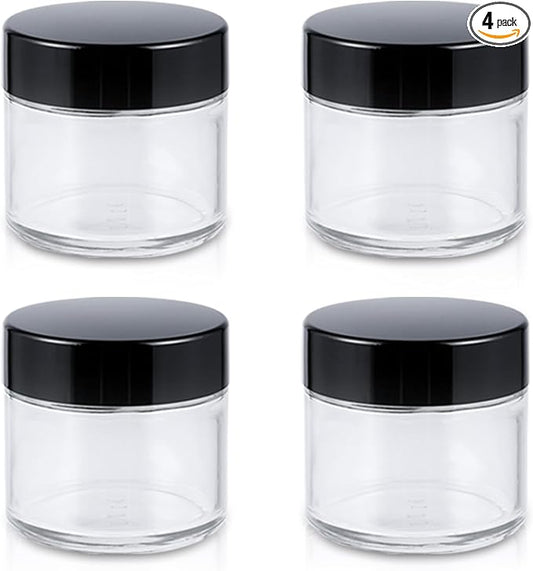 2oz Jars with Lids, HOA Kinh 4 Pack Clear Glass Jars Empty Cosmetic Containers Round Airtight Glass Jar with Inner Liners and black Lids for Storing Lotions, Powders, and Ointmentss