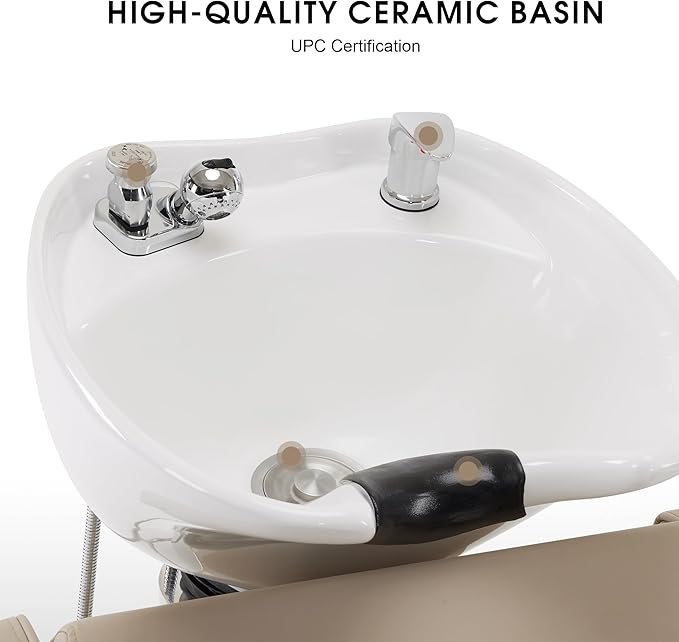 BarberPub Backwash Shampoo Station Chair, Adjustable Porcelain Ceramic Hair Wash Bowl Sink Unit Station, Reclining Shampoo Station Chair for Spa Beauty Salon Hair Salon Equipment 9303 (Beige)