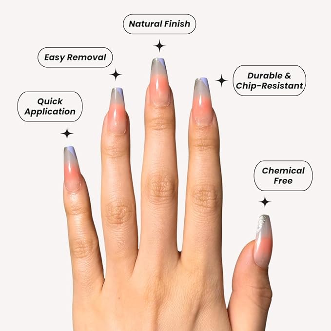 Perfect Look Press On Nails - Twilight Blush | No Glue One-Day Medium Coffin Nails, Peach Ombre with Purple French Edge - 24 Pcs Nail Kit with Adhesive Tabs