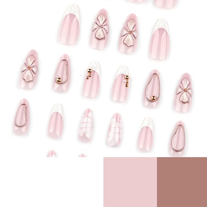 3D Flower Press On Nails Almond Shape – Medium Length Nude Pink Acrylic Fake Nails with Gold Beads & White Tips, 24PCS Glossy Stick On Nails with Tools, Reusable Elegant False Nails for Women