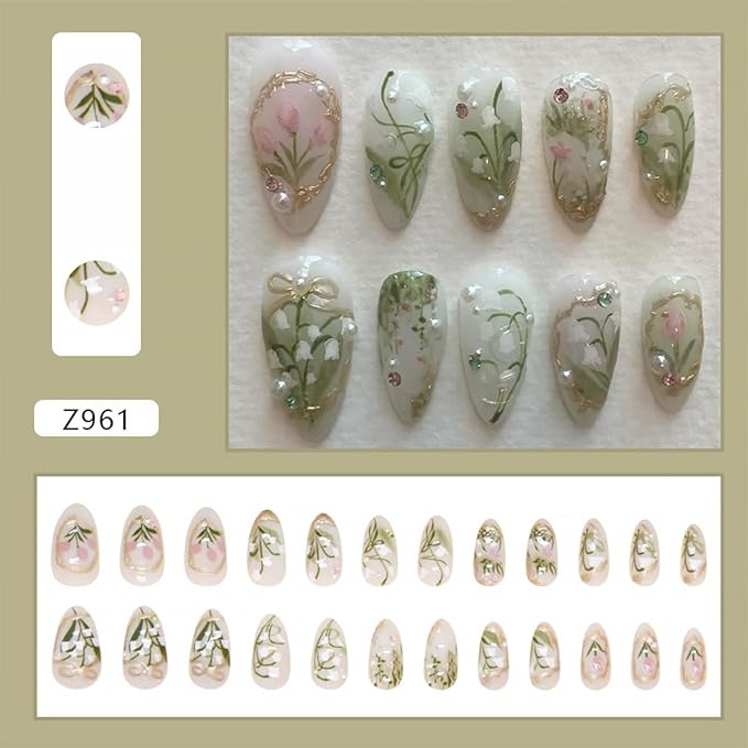 24Pcs Green Press on Nails Medium Almond Fake Nails 3D Pearl Rhinestones Design Gold French Tips Flower Acrylic Nails Glue on Nails Spring False Nails White Floral Full Cover for Women Manicure Salon