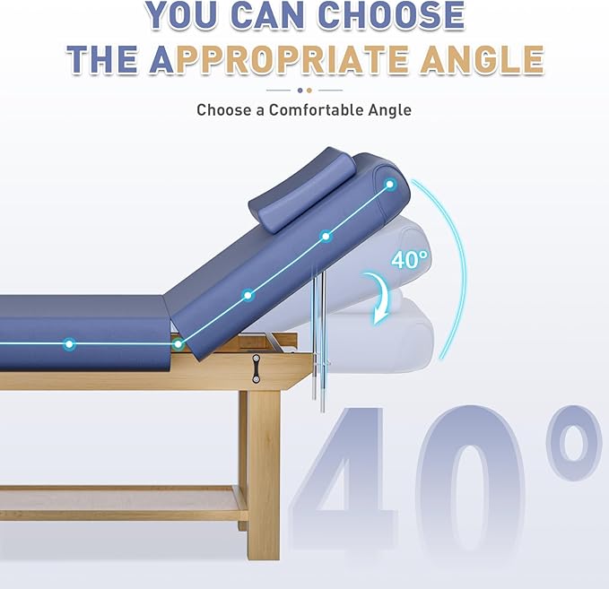 Massage Table 28IN Wide with Hight Adjustable Backrest for Treatment, Blue Leather Professional Spa Bed Load1500 LBS, Spa Table with Storage for Footmassage Facial CareSpa Tattoo