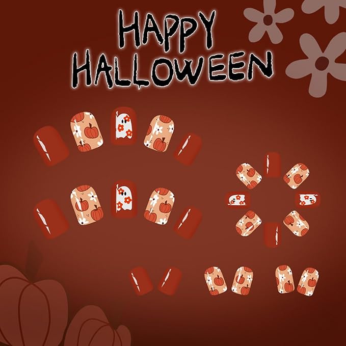 Halloween Press on Nails Short Square False Nails Orange Fake Nails White Flower Ghost Pumpkin Design Glossy Spooky Stick on Nail Reusable Holiday Glue on Nail for Women Decor Set