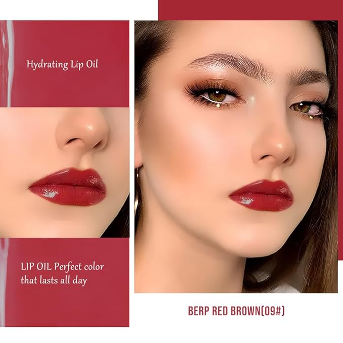 Nourishing High-Shine Lip Gloss,Hydrating & Moisturizing Lip Tint, Non-Sticky, Long-Lasting Glossy Lip Stain,Softens & Plumps Lips for Smooth,Gentle Formula for Dry Lips 09#Deep Red Brown