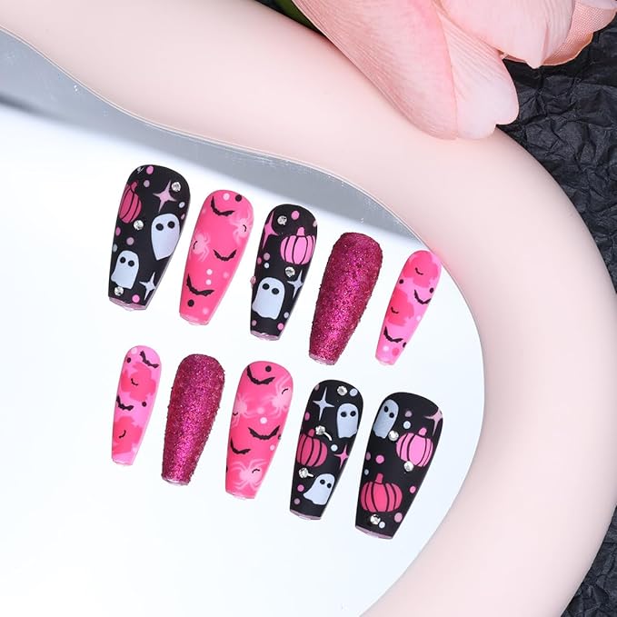 30Pcs Halloween Press on Nails Medium Coffin Fake Nails Dark Pink Glitter Glue on Nail with Pumpkin Bat Spider Designs Full Cover Reusable Nails Cute Ghost False Nails for Holiday Manicure DIY