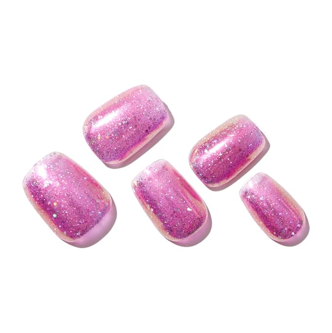GLAMERMAID Glitter Pink Press On Nails Extra Short Square, Handmade Jelly Soft Gel Nails Fake Nails kit, Glossy Nails Manicure Kits Stick Glue on False Nail for Women Galaxy Star Design
