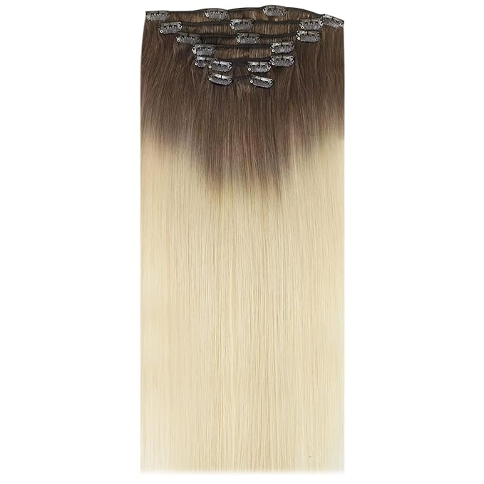 Full Shine Blonde Ombre Clip in Hair Extensions Real Human Hair Dark Brown to Bleach Blonde Hair Clip in Extensions Remy 120 Grams 14 Inch