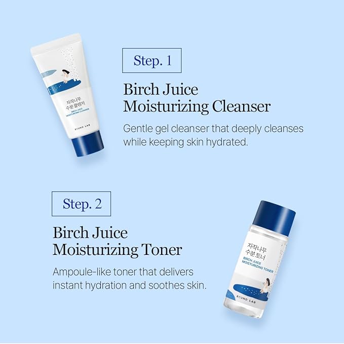 ROUND LAB Birch Juice Moisturizing Mini Kit, 4-Step Travel Size Skincare Set (Cleanser, Toner, Ampoule, Cream) | Korean Moisturizer, Hydrating Routine | Soothing Care for Acne-Prone, Sensitive Skin