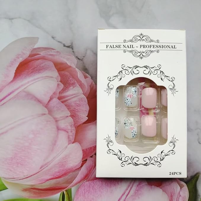 24Pcs Pink Press on Nails Short Square Fake Nails with Designs Colorful Flower Leaf Glue on Nails Glossy Acrylic False Nails Full Cover Spring Summer Artificial Nails for Women Girls Manicure