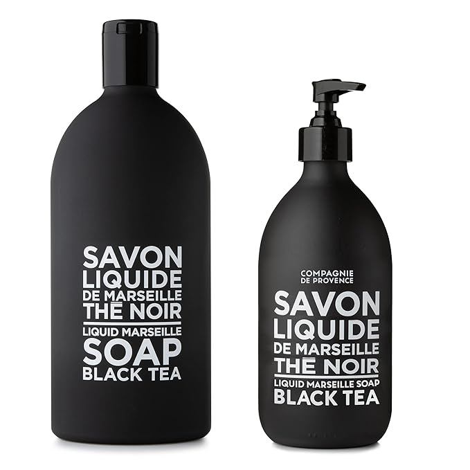 Compagnie de Provence Savon de Marseille Extra Pure Liquid Soap - Black Tea - 16.7 Fl Oz Glass Pump Bottle and 33.8 fl oz Plastic Bottle Refill