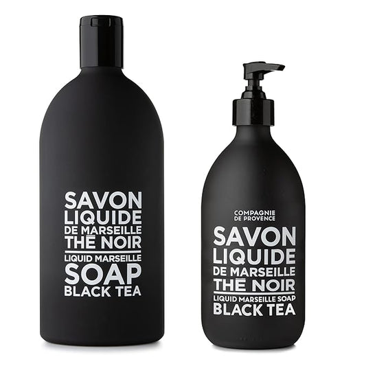 Compagnie de Provence Savon de Marseille Extra Pure Liquid Soap - Black Tea - 16.7 Fl Oz Glass Pump Bottle and 33.8 fl oz Plastic Bottle Refill