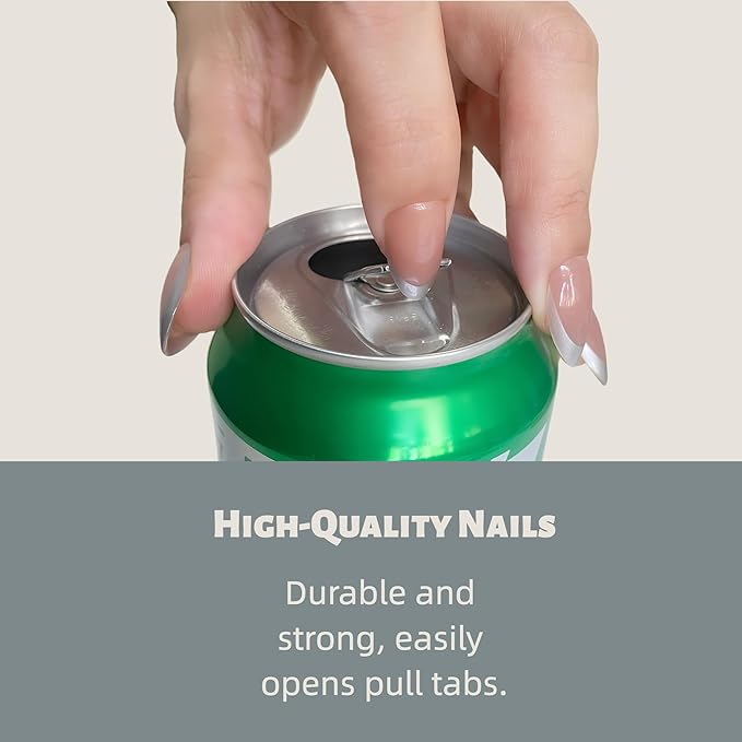 Press on Nails – Short Almond Silver French Tip Fake Nails, 30pcs in 15 Sizes, Durable & Reusable Glue-on Nails for Women & Girls, Elegant Design for Any Occasion