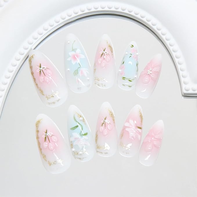 24pcs Pink Flower Press on Nails Medium Almond Fake Nails with 3D Cute Floral Pearl Designs Summer Flowers False Nails Kit Full Cover Acrylic Nail Tips Glue on Nails for Women Nail Decoration