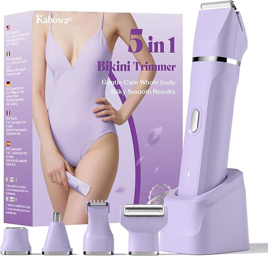 Bikini Trimmer for Women - 5 in 1 Electric Razors for Ladys Pubic Facial Nose Body Leg Hair Removal, Waterproof Electric Shaver for Women Private Area Sensitive Skin, Personal Hair Trimmer