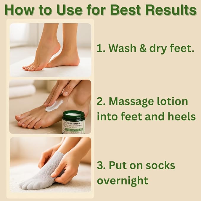 Natural Escapes Peppermint + Rosemary, Eucalyptus & Tea Tree Foot Cream for Dry Cracked Heels and Feet - Moisturizing Foot Lotion for Cracked Heel Repair - Callus Remover with Lactic Acid (4 oz)
