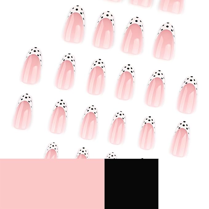 Press On Nails Almond Medium – Nude Pink French Tips with Black & White Polka Dot Design, 24PCS Glossy Acrylic Fake Nails, Reusable Stick On Nails Kit with Glue & Tools for Women, Trendy DIY Manicure