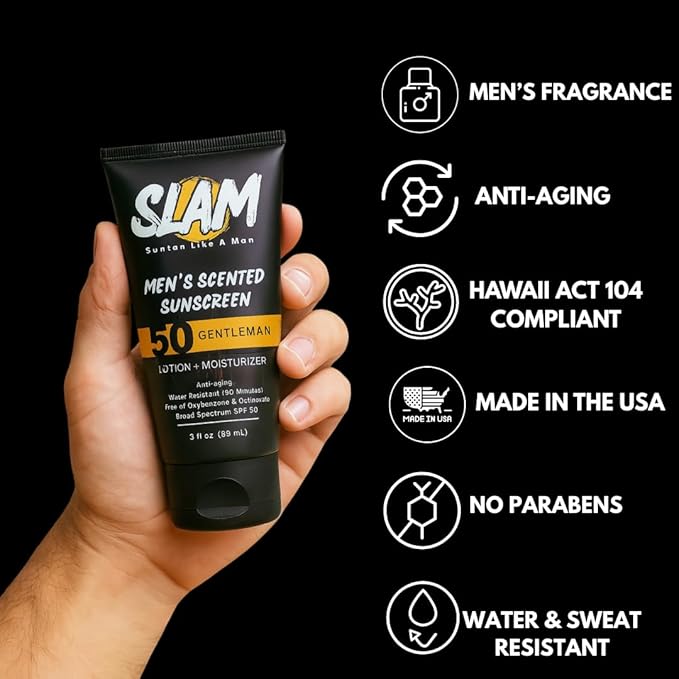 SLAM GentleMan Men's Sunscreen Lotion SPF 50 & Moisturizer – Face & Body Sunblock, Anti-Aging, Water-Resistant, Hawaii Act 104 Safe, Skincare for Men, Cologne Scented – 3 fl oz. each. Double pack.