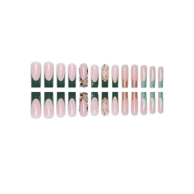 Press on Nails Long Square Green SEENEEY Stick on Nail 24pcs