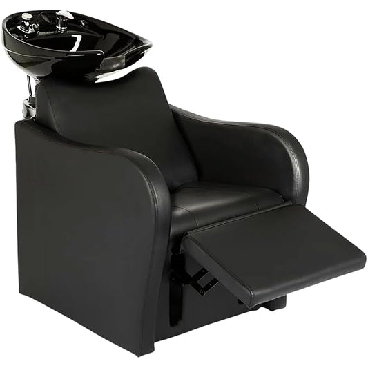 Buy-Rite Lexus Backwash Unit – Salon Shampoo Chair with Tilting Black Porcelain Bowl, Extra Wide Seat, Kick-Out Leg Rest, Neck Rest & Single Handle Faucet – Professional Backwash Station – TS-8018B