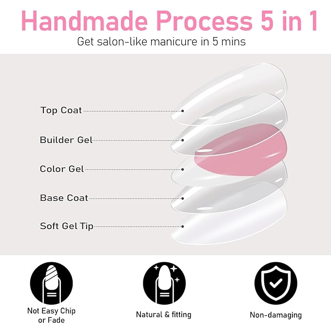 Press On Nails Almond White French Tip Nails wtih Glue & Glue Remover Short Nail Tips, Stick On Nails Kit in 15 Sizes, Glossy Natural Fit Reusable for Busy Mom