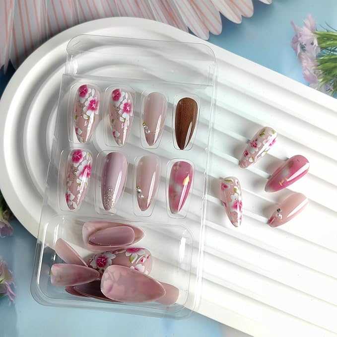 24Pcs Flower Press on Nails Medium Almond Fake Nails Peach Blossom Press ons 3D Rhinestones Pearl Design Luxury Pink Glue on Nails Spring Artificial Stick on Nails Cute Acrylic False Nails Decoration