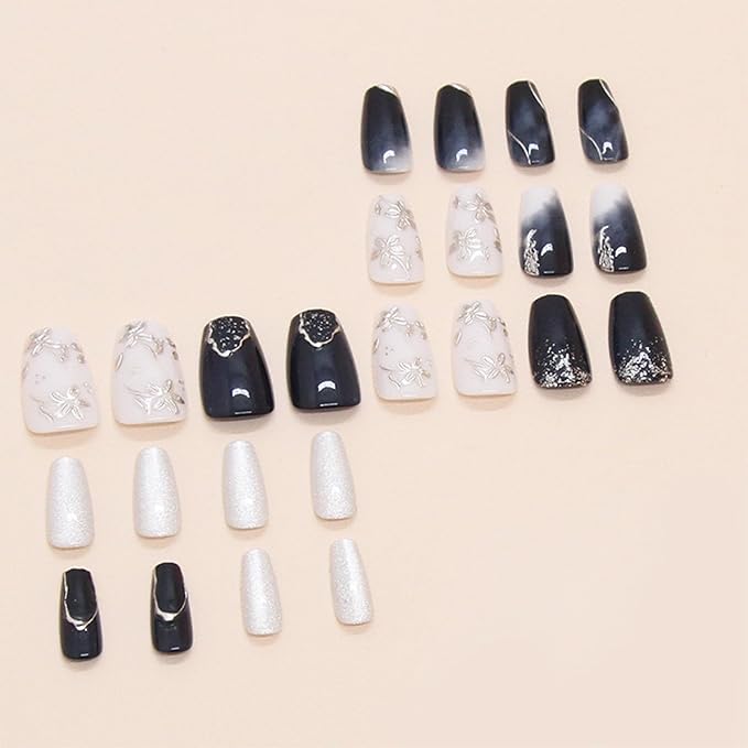 24pcs Silver Flower Press on Nails Medium Square Summer Floral Fake Nails with Designs Glitter Stick on Nails Gradient False Nails 3D Flowers Acrylic Nails Kit Full Cover Glue on Nails for Women