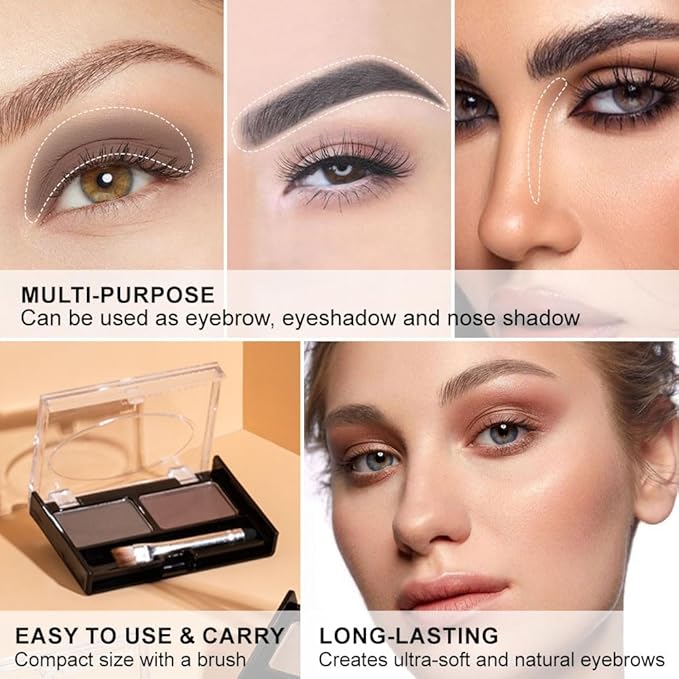 2Pcs Eye Brow Powder for Women, Medium Brown Eyebrow Powder Kit with Double-ended Eyebrow Brush, Long-Lasting Waterproof Two Colors, Purse-Friendly Compact (Dark Brown+Dark Grey)