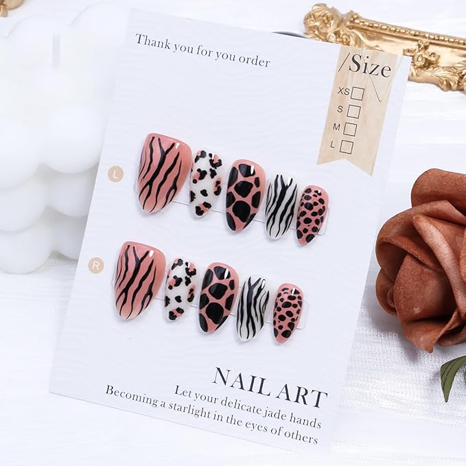 24Pcs Cute Almond Press on Nails Short Fake Nails Tiger Zebra Leopard Print Acrylic Nail Fall Glue on Nails Glossy Full Cover False Nail Autumn Winter Design French Artificial Nail for Women