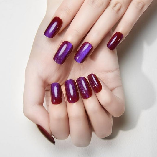 Cat Eye Purple Red Reflective Blue Press On Nails Medium Long Length Square, Designer Reusable Acrylic Fake Nail, Glossy Gel Nails Wedding Party, Stick Glue On Nail, Nails Press Ons for Women