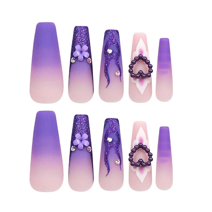 Hkanlre Purple Press on Nails Heart Fake Nails Tips Full Cover False Coffin Long Fire Nails for Women and Girls 24PCS