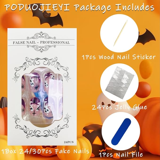 24Pcs Halloween Ghost Press on Nails Short Oval False Nail Red French Tip Fake Nails Cute Ghost Stick on Nail Star Acrylic Nail Full Cover Glossy Glue on Nails for Women Halloween Manicure Art