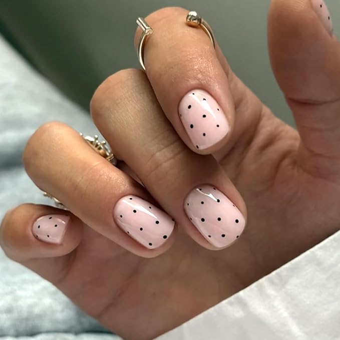 Soft Pink Short Press On Nails Square, Cute Fake Nails with Black Polka Dot Detail, Glossy Gel Finish Acrylic Nails, Daily/Party Reusable Glue On Nails Kit for Women, 24Pcs