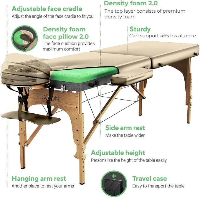Luxton Home Premium Foam Massage Table Portable Foldable Massage Bed Height Adjustable, 72 Inches Long 27 Inches Wide Home Salon Spa Bed Tattoo Table with Accessories & Carrying Case, Easy Set Up