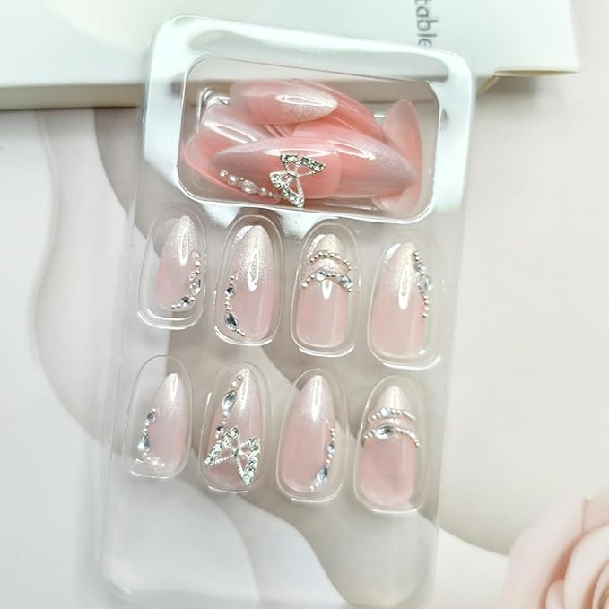 24Pcs 3D Butterfly Press on Nails Almond Fake Nails Glitter French Tip Glue on Nails Butterfly Nail Charms Rhinestones Pearl Artificial Acrylic Nails Medium Glossy Nude Stick on Nails for Women