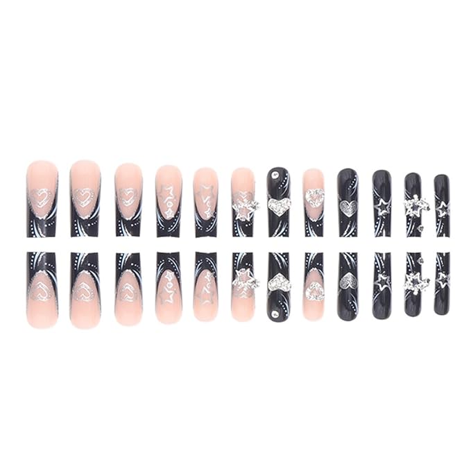Fake Nails Black Long Press on Coffin Nails Heart Crystal Full Cover Acrylic French Shiny Fake Nails for Women and Girls 24PCS