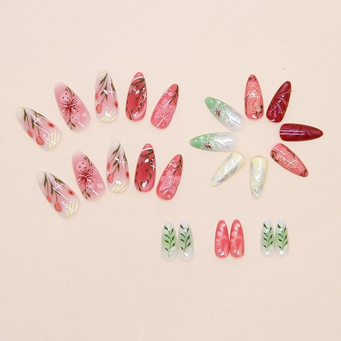 24Pcs 3D Flower Press on Nails Medium Almond Fake Nails Tulip Peach Blossom Butterfly Leaf Nail Design Pink Green Floral Glue on Nails Acrylic Nail Spring Summer Nails Press ons False Nails for Women