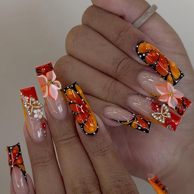 3D Butterfly Press on Nails Long Square Fake Nails Orange French Tip False Nails Flower Drip Rhinestone Design Full Cover Glossy Glue on Nails for Women 24PCS