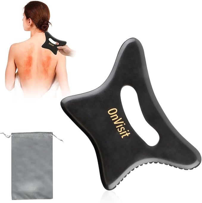Full Body Gua Sha Tool and Facial Massage Tools, Ergonomic Bian Stone Handle Guasha Scraping for Neck/Arm/Back/Legs and Stomach Massager for Lymphatic Drainage & Cellulite (Black, Large)