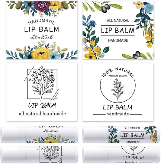 OLYCRAFT 100Pcs 4 Styles Lipstick Tag Stickers Flower Lip Balm Label Sticker 2.1x1.7 inch Self Adhesive Lipstick Labels with Handmade Words for Lip Balm Container Tubes Wrapping Decorations