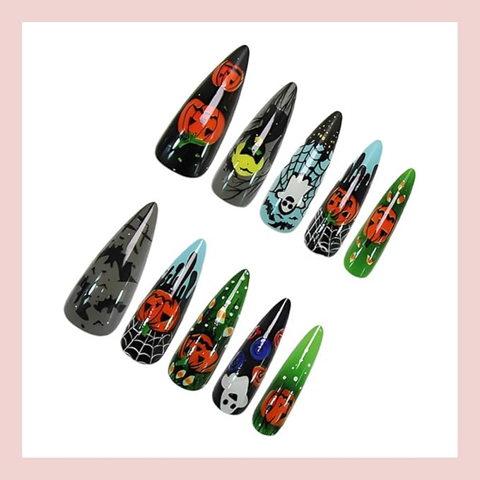24Pcs Halloween Press on Nails Long Almond Fake Nails with Gothic Cat Pumpkin Bat Design Cute Ghost False Nails Black Green Full Cover Artificial Glue on Nails Halloween Stick on Nail for Women DIY