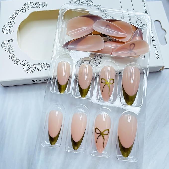 Gold French Tip Press on Nails Almond Medium Fake Nails Bow Glue on Nails Reusable Full Cover Gold Nail Tips Stick on Nails Glossy Nude Pink Acrylic Nails Press ons False Nail for Women Manicure 24Pcs