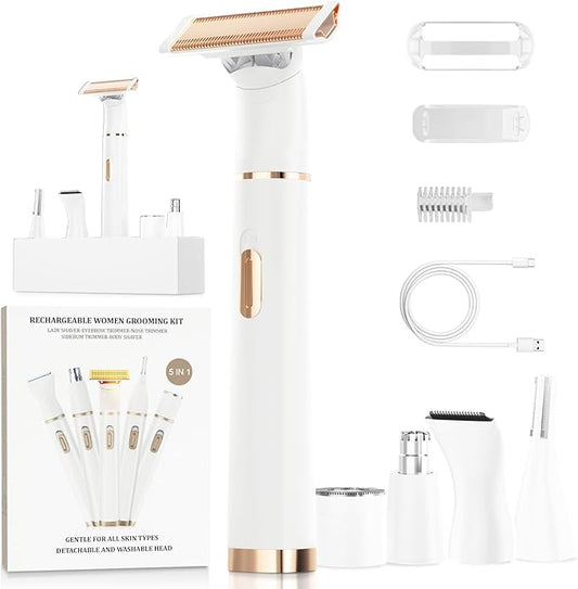 Women's 5-in-1 Electric Bikini Trimmer, USB-C Rechargeable Shaver & Trimmer for Body, Face & Nose – Painless Wet & Dry Shave (Keep Device Dry; Remove Blades for Cleaning)