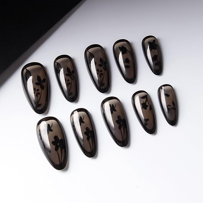Fall French Tip Press on Nails Medium Almond False Nails with Black Flowers Design Full Cover Glue on Nail Reusable Floral French Tip Acrylic Fake Nails Artificial Stick on Nail for Women