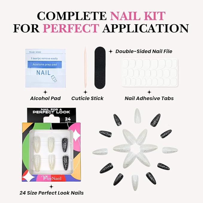 Perfect Look Press On Nails - Star Dust | No Glue One-Day Long Almond Nails, White and Black Glitter with Glossy Finish - 24 Pcs Nail Kit with Adhesive Tabs