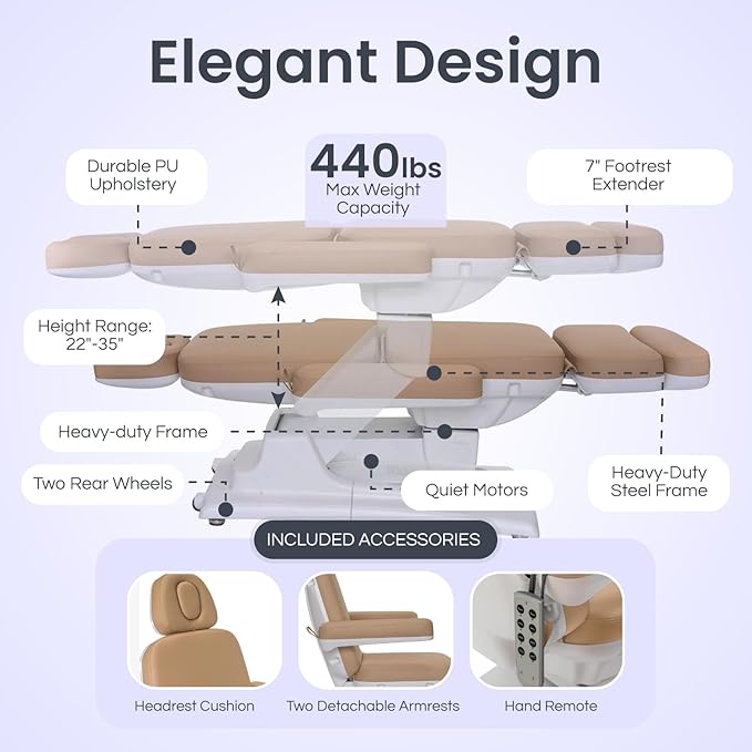 Medical Spa Exam Chair - Electric Massage Table for Spa Facial Solutions - 4-Motor Salon Bed with Remote Control, 2-Year Warranty - Esthetician Equipment for Medical Office - Beige