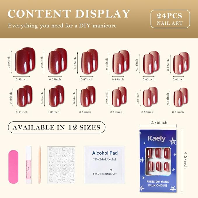 Cat Eye Red Press On Nails Medium Long Length Square, Designer Reusable Acrylic Fake Nail with Glue, Glossy Gel Nails Wedding Party, Stick On Glue On Nail, Nails Press Ons for Women