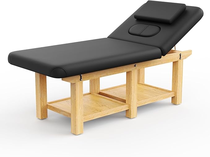 Wooden Professional Massage Table, Adjustable Backrest Heavy-Duty Stationary Massage Bed for Physical Therapy, Salon Facial Spa Bed, 4.4'' Thick PU Leather, 1000LBS, 31.5'' W × 75'' L