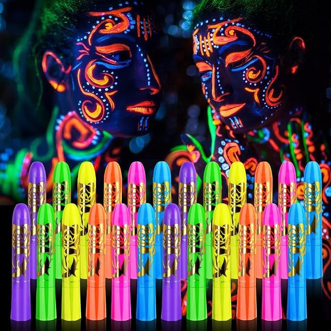 24 Pcs Glow in The Light Body Face Paint, Glow in The Dark Face Body Paint Glow Sticks Makeup Face Painting Kits for Kids Adult, Neon Face Paint Crayons for Halloween and Parties Glow Party Supplies