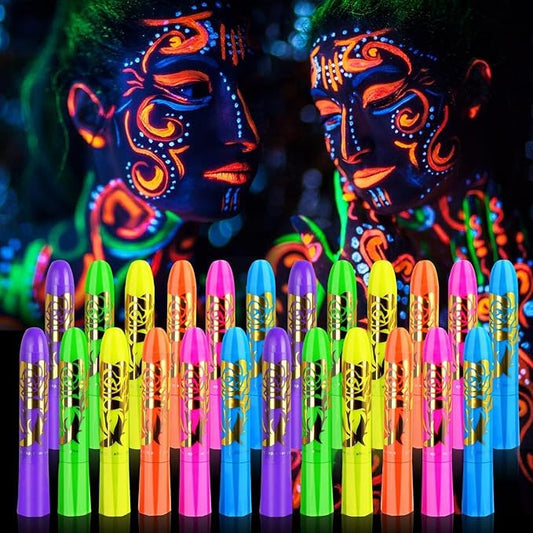 24 Pcs Glow in The Light Body Face Paint, Glow in The Dark Face Body Paint Glow Sticks Makeup Face Painting Kits for Kids Adult, Neon Face Paint Crayons for Halloween and Parties Glow Party Supplies